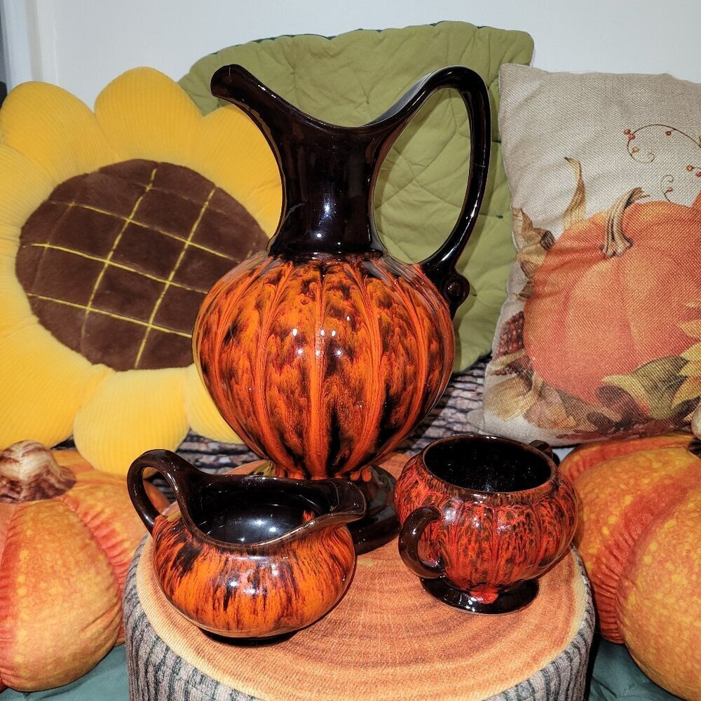 EVANGELINE Vintage MCM Pottery Brown & Orange Water Pitcher, Cream & Sugar Set - Picture 2 of 13